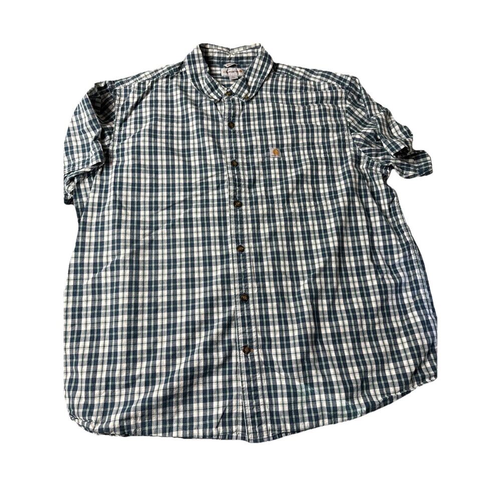Carhartt Button Down Shirt Relaxed Fit Pockets Plaid Cotton Mens 2XL Blue Green